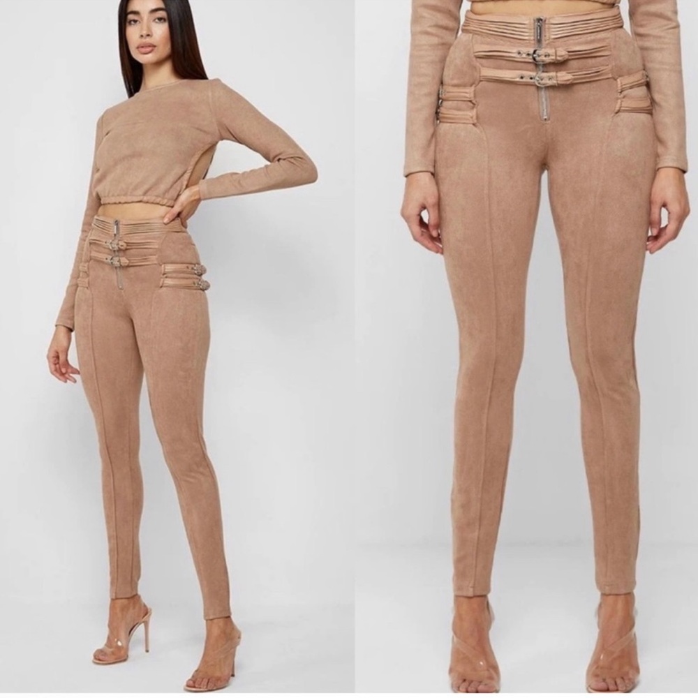 NWT Maniere de Voir Women's Vegan Suede Buckle Detail Leggings Beige UK Sz 8